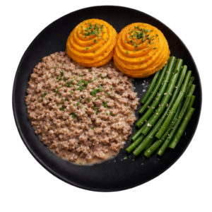 Hachis parmentier de boeuf purée de patate douce à l&rsquo;huile de truffe et haricots croquants