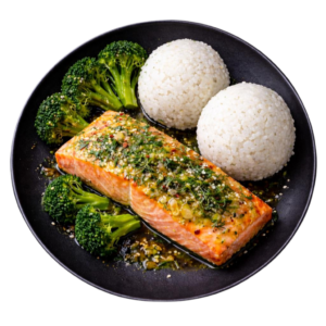 Saumon cuisson à basse température, sauce gremolata, riz jasmin et brocolis
