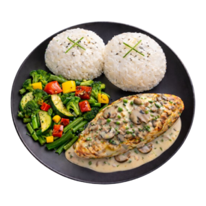Poulet infusé au thym avec sauce allégée aux champignons, mix de légumes et riz jasmin