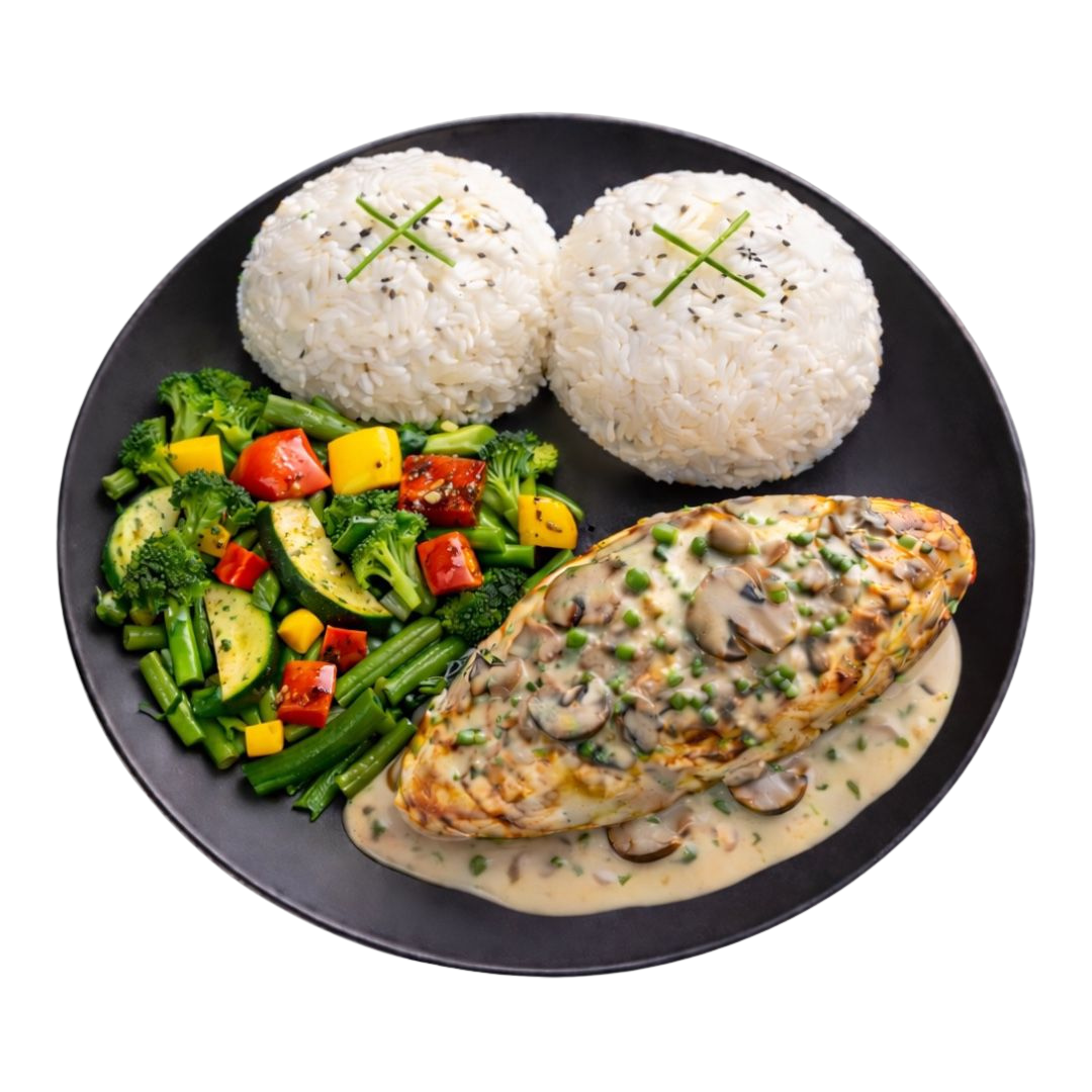 Poulet infusé au thym + riz jasmin + légumes croquants